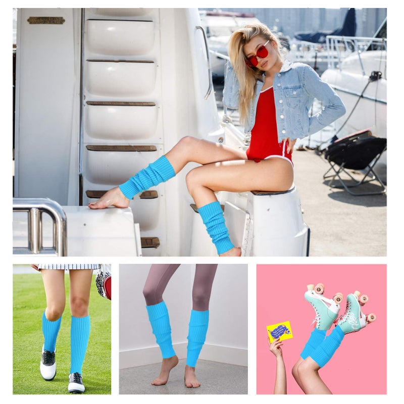 v28 Women 80s Party Warm Costume Marathon Knit Long Socks Leg Warmers (46Lablue) - Image 5